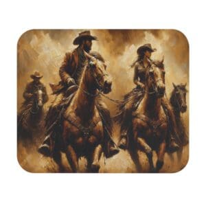 Cowboys riding horses in dusty landscape.