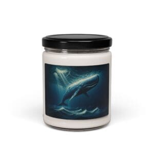 Candle jar with whale illustration label.