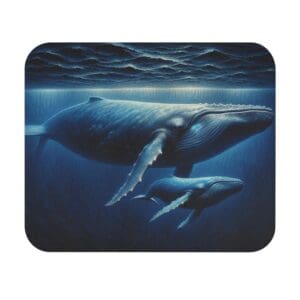 Whale and calf swimming underwater, ocean scene.