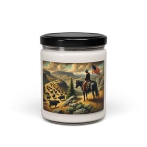Candle jar with cowboy and flag illustration.