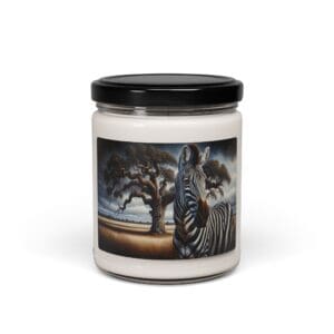 Candle jar with zebra and tree design.