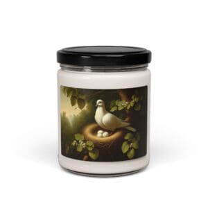 Candle jar with bird and nest illustration.