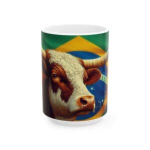 Cow mug with Brazilian flag design.