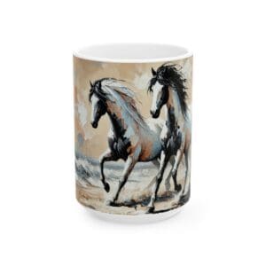 Two horses running on decorative mug.