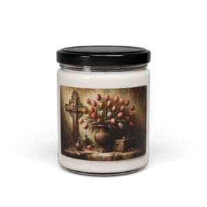 Candle jar with tulips and cross design.