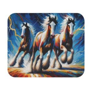 Three colorful horses running through water.