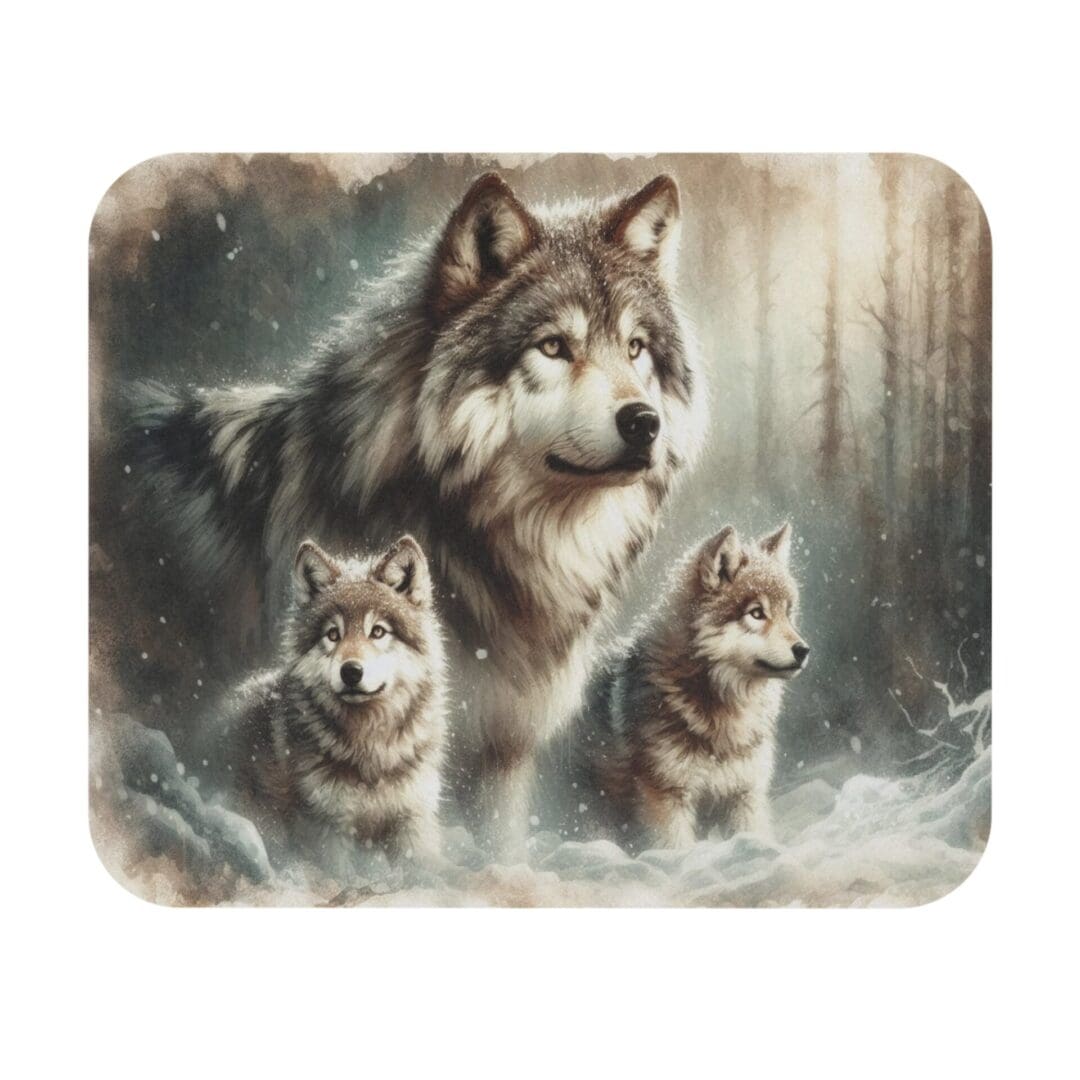 Wolf family in snowy forest scene.