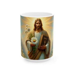 Religious figure holding Bible and daisies.