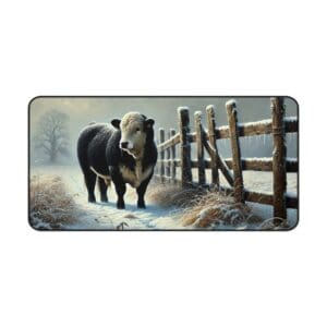 Cow standing in snowy field by fence.