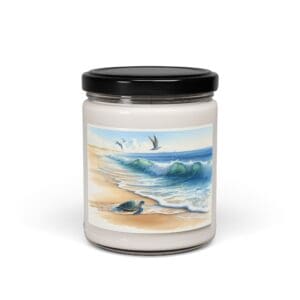 Candle jar with beach and turtle illustration.
