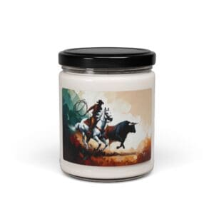 Candle jar with cowboy and bull illustration.