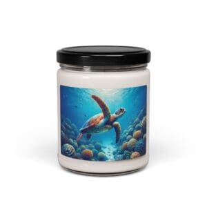 Candle jar with sea turtle design.