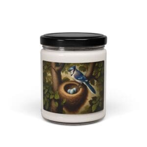 Candle jar with bird and nest illustration.