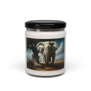 Elephant-themed candle jar with black lid.