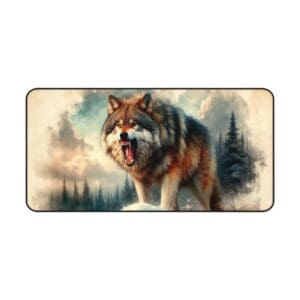 Fierce wolf growling in snowy forest landscape.