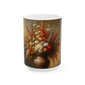 Vase with colorful floral arrangement painting.