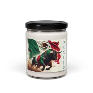 Candle jar featuring bull and Mexican flag.