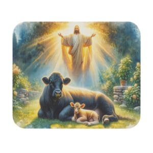 Spiritual scene with animals and radiant figure.