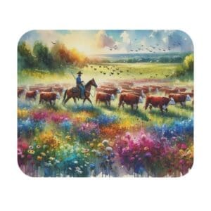Rider herding cattle through colorful meadow.