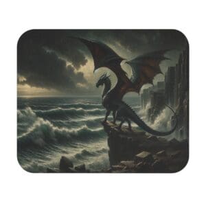 Dragon on cliff overlooking stormy sea.