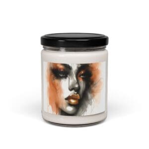 Candle jar with abstract face illustration.