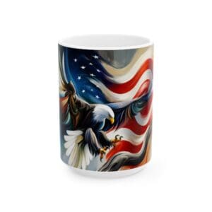 Eagle with American flag on a mug.