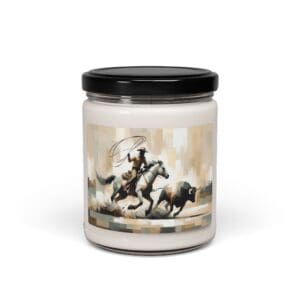 Candle jar with cowboy and cattle design.