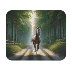 Horse running on forest path.