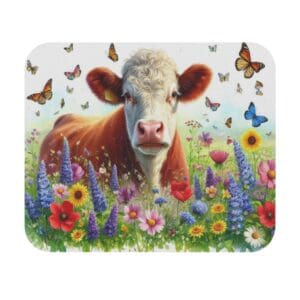 Cow in colorful flower field with butterflies.