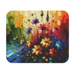 Colorful abstract painting of vibrant flowers.