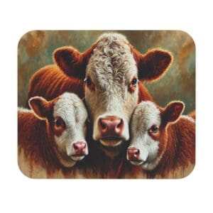 Three cows close together, painted portrait.