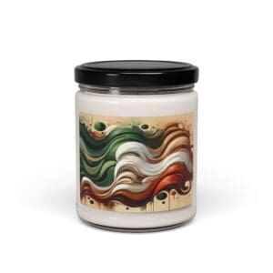 Jar candle with abstract colorful label design.