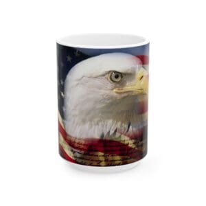 Eagle and American flag on mug.