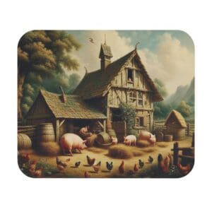 Rustic farm scene with animals and barn.
