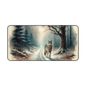 Wolf walking in a snowy forest path.