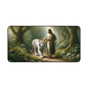 Man walking with a white tiger in forest.