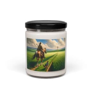 Candle jar with pastoral scene label.