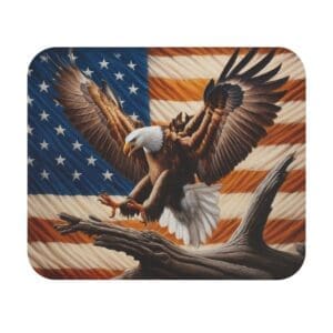 Bald eagle landing on branch, American flag.