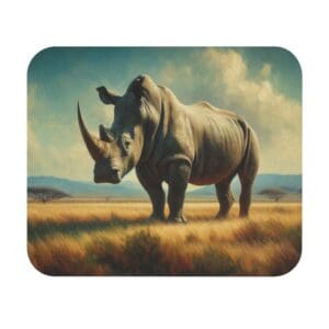Rhino standing on grassy savanna landscape.