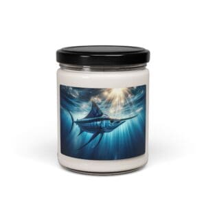 Candle jar with marlin under ocean sunlight.