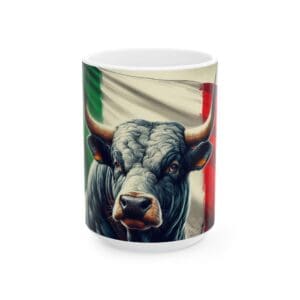 Bull with Italian flag on mug.