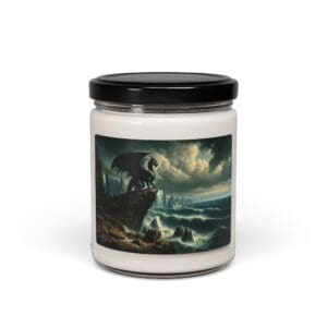 Candle jar with dark fantasy landscape illustration.