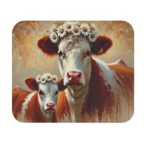 Cows wearing flower crowns in painting.