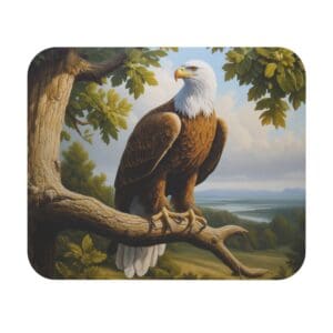 Eagle perched on tree branch, scenic background.