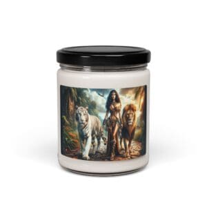 Candle jar with jungle woman and animals.
