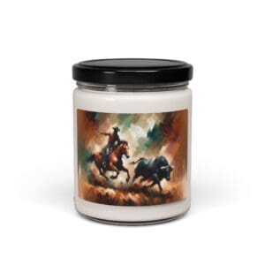 Candle jar with cowboy and bull artwork.