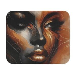 Abstract portrait with swirling orange patterns.
