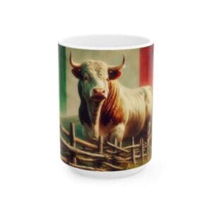 Bull mug with Italian flag background.