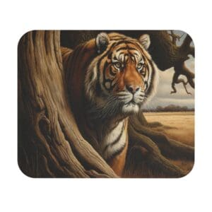 Tiger hiding behind a tree, intense gaze.