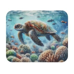 Sea turtle swimming among colorful coral reefs.